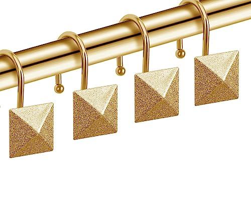 Gold Shower Curtain Hooks, CHICTIE Shower Hooks for Shower Curtain, Rustproof Decorative Shower Curtain Rings for Bathroom Rod, Modern Metal Brass Shower Curtain Hangers, Square Pyramid Set of 12