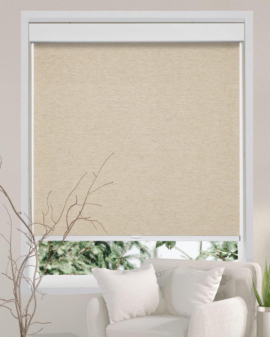 Persilux Free-Stop Cordless Window Shades Light Filtering Roller Shades for Windows (Khaki 22" x 72") Natural Woven Fabric UV Protection Thermal Insulation Roller Blinds for Windows, Home, Door