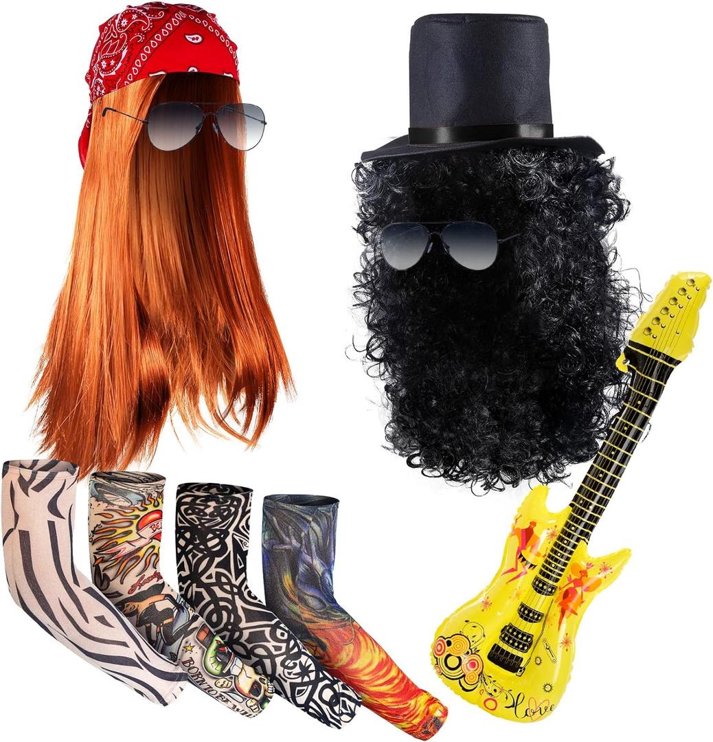 Yingzhao 9 Pcs Rocker Costumes Set for Men Women 80s Rocker Wig Inflatable Guitar Tattoo Sleeve Sunglasses Bandana and Hat