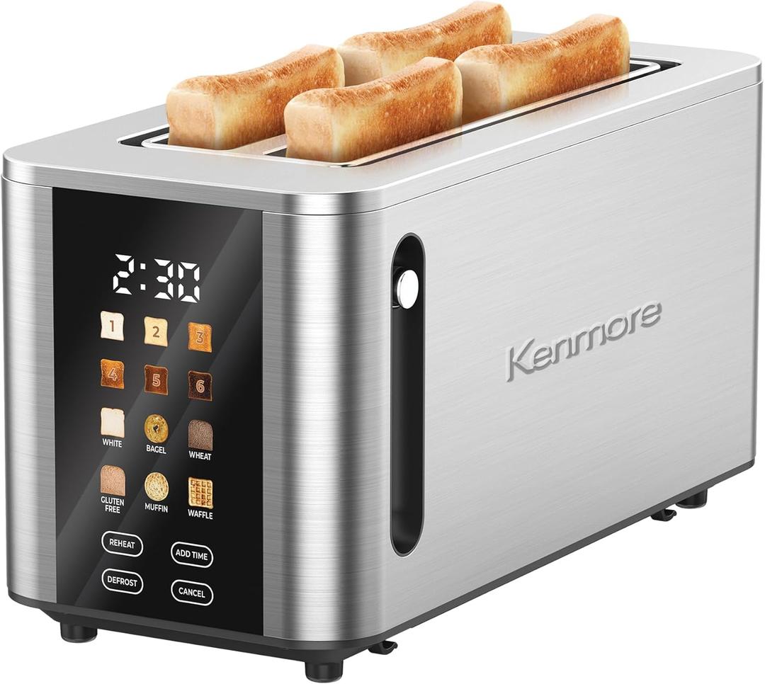 Kenmore 4-Slice Digital Touchscreen Toaster - 1400W Stainless Steel, Wide Slots 6 Shade Settings, Bread Presets, Countdown Timer, Reheat & Defrost Functions Compact Countertop Design tostadora digital (Silver)