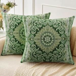 Boho Throw Pillow Covers 18x18 inch Set of 2,Linen Bohemia Carpet Pattern Decorative Living Room Sofa Bed Square Pillow Case Cushion Cover-Yellow Green