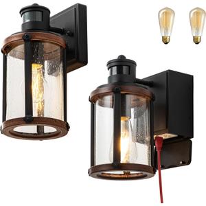 Outdoor Lights with GFCI Outlet, Motion Sensor Porch Lights for House 3 Modes, Dusk to Dawn Exterior Light Fixture Wall Mount,Waterproof Wall Sconce with Seeded Glass for Garage,Patio,2 Pack