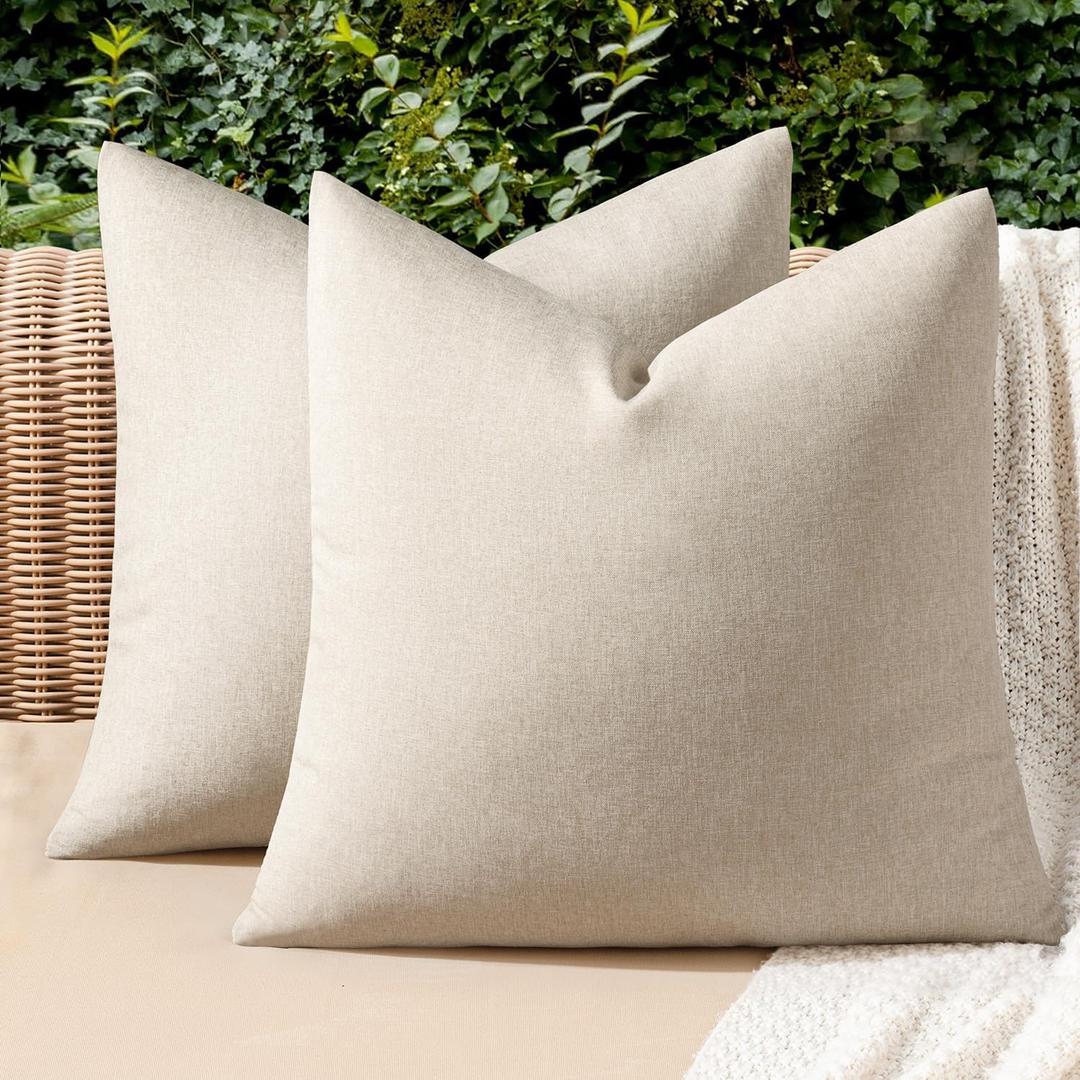 MIULEE Pack of 2 Decorative Outdoor Solid Waterproof Throw Pillow Covers Euro Sham Faux Linen Garden Farmhouse Cushion Cases for Patio Tent Balcony Couch Sofa 26x26 Inch Beige
