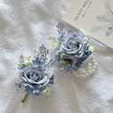 2PCS Rose Flower Wrist Corsage Boutonniere Set Handmade Artificial Corsage Set Bride Hand Flower Men Boutonniere for Wedding Party Prom Decorations (Blue)