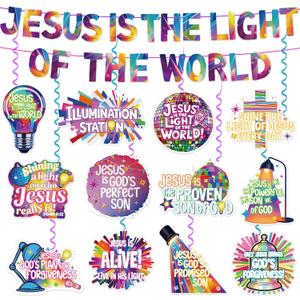 VBS 2026 Decorations Banner Set NO-DIY Jesus is The Light of The World Banner and Christian Hanging Swirls Religious Sunday School Classroom Decor for Vacation Bible School Church Party Supplies