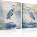 OAAPITI 2 Pcs Blue Heron Wall Art Watercolor Birds Canvas Print Nature Inspired Art for Living Room Coastal Home Decor, 24"L x 16"W