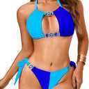 Sexy Women Color Block Swimsuit, Rhinestone Halter Thong Low Rise Bikini Set, Vacation Beach Pool Party Bathing Suits (Medium, Light Blue & Dark Blue)