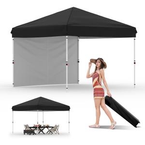 GarveeLife 10x10 Pop Up Canopy with One Button Push Setup - Heavy Duty Outdoor Canopy Tent with Portable Roller Bag - 3 Adjustable Height, 4 Weight Bags, 8 Stakes & 4 Guy Ropes Included, Black