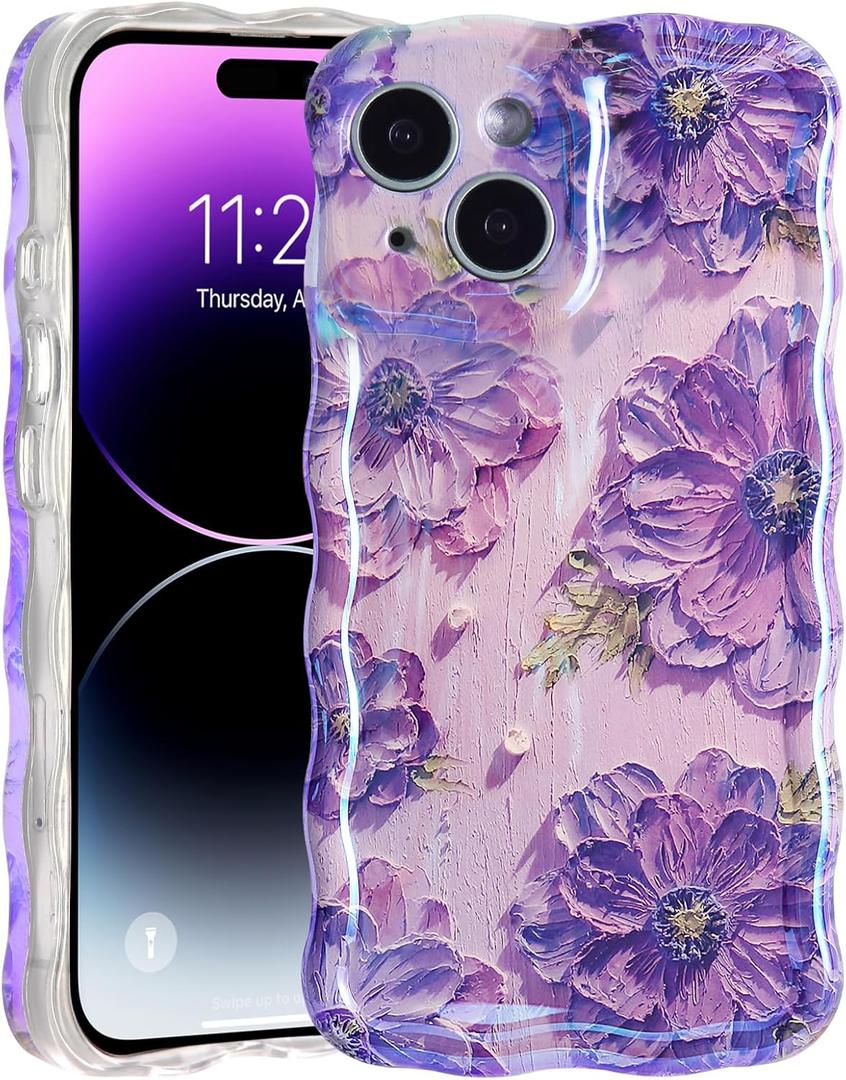 Case for iPhone 14, Colorful Retro Oil Painting Aesthetic Flowers Glossy Design Cute Curly Wavy Edge Easy Grip Soft Bumper Protective Slim Thin Phone Cover Case for Women Girly, Purple