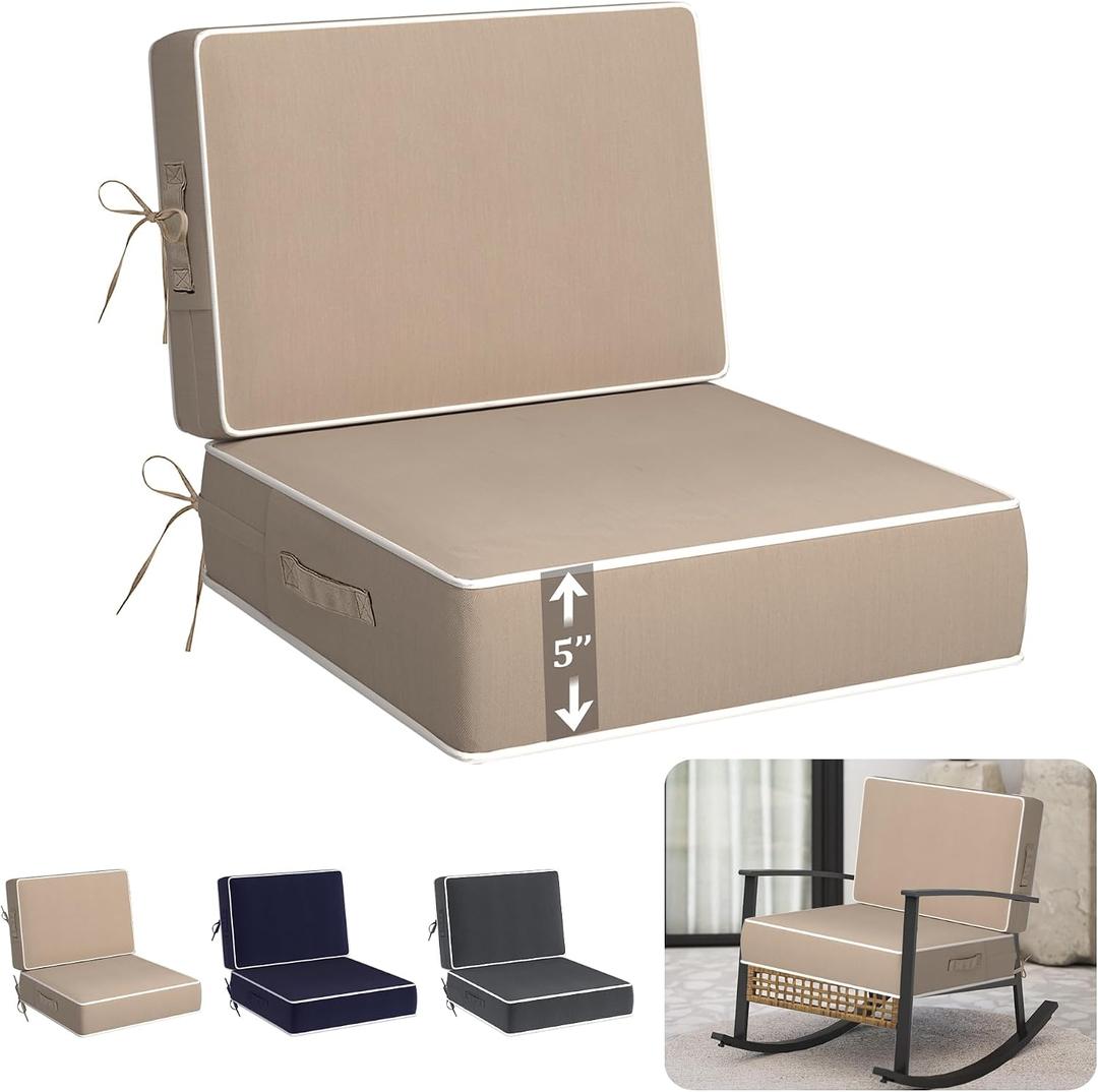 5" Thicker Outdoor Chair Cushions, 24"x24" Patio Chair Cushions for Outdoor Furniture w/Water & Fade-Resistant and Removable Cover, Outdoor Cushion w/Handle & Straps for Dining Chair Loveseat Sofa, 24x24x5 inches