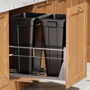 YJHome Pull Out Trash Can Under Cabinet with 2 * 10Gal Garbage, Cabinet Trash Can Pull Out Kit with Soft-Close Slides, Under Sink Trash Can with Door Mounting Kit for Minimum Opening 18" W (Double)