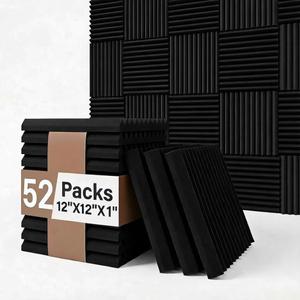 52 Pack Acoustic Foam Panel Wedge Studio Soundproofing Wall Tiles 12" X 12" X 1" (Black)
