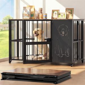 JUNEU 42'' Dog Crate Furniture, No Assembly Dog Kennel Indoor, Collapsible Heavy Duty Dog Crate for Medium/Large Dog(35-60 lb), Wooden Corner Dog Crate with Wheels & Adjustable Bowl Holders