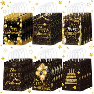 Kolldenn 24 Pcs Retirement Party Favors Bags Retire Gift Goodie Paper Bags with Handles Black Gold Happy Retirement Candy Treat Pouch for Retirees Farewell Going Away Party Decorations Supplies