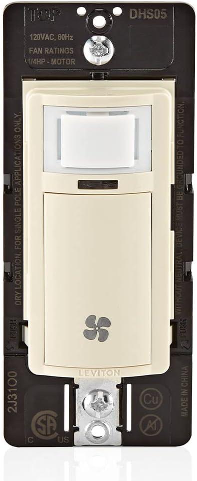 Leviton Decora in-Wall Humidity Sensor and Fan Control Switch, 1/4 HP, Residential Grade, Single Pole, Light Almond, DHS05-1LT