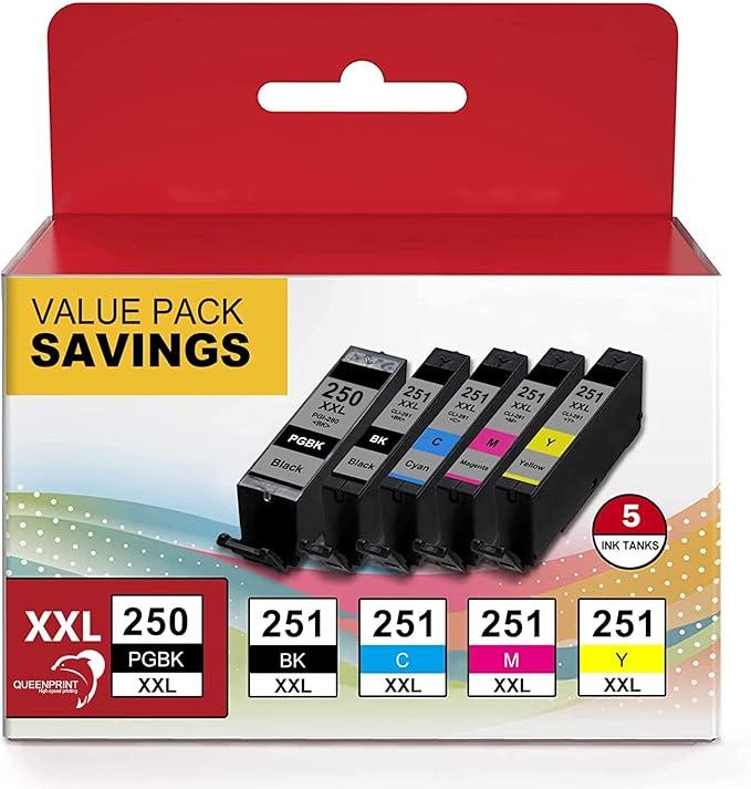 QUEENPRINT High Speed Printing Compatible Ink Cartridge Replacement for Canon 250 251 XXL (Black, Cyan, Magenta, Yellow)