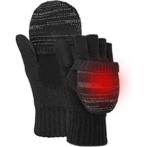Flip Winter Gloves, Wool Fingerless Gloves for Women Men Cold Weather, Mittens with Reflective for Christmas (Large-XLarge, Black)