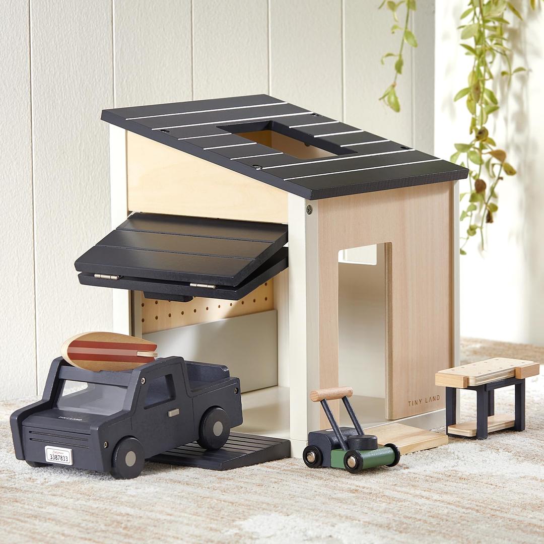 Tiny Land Wooden Dollhouse Garage Set – Realistic Design with Garage, Workbench,Lawn Mower & SUV Car, Expansion Dollhouse Furniture & Accessories for Doll house, Educational Pretend Play Gift for Kids