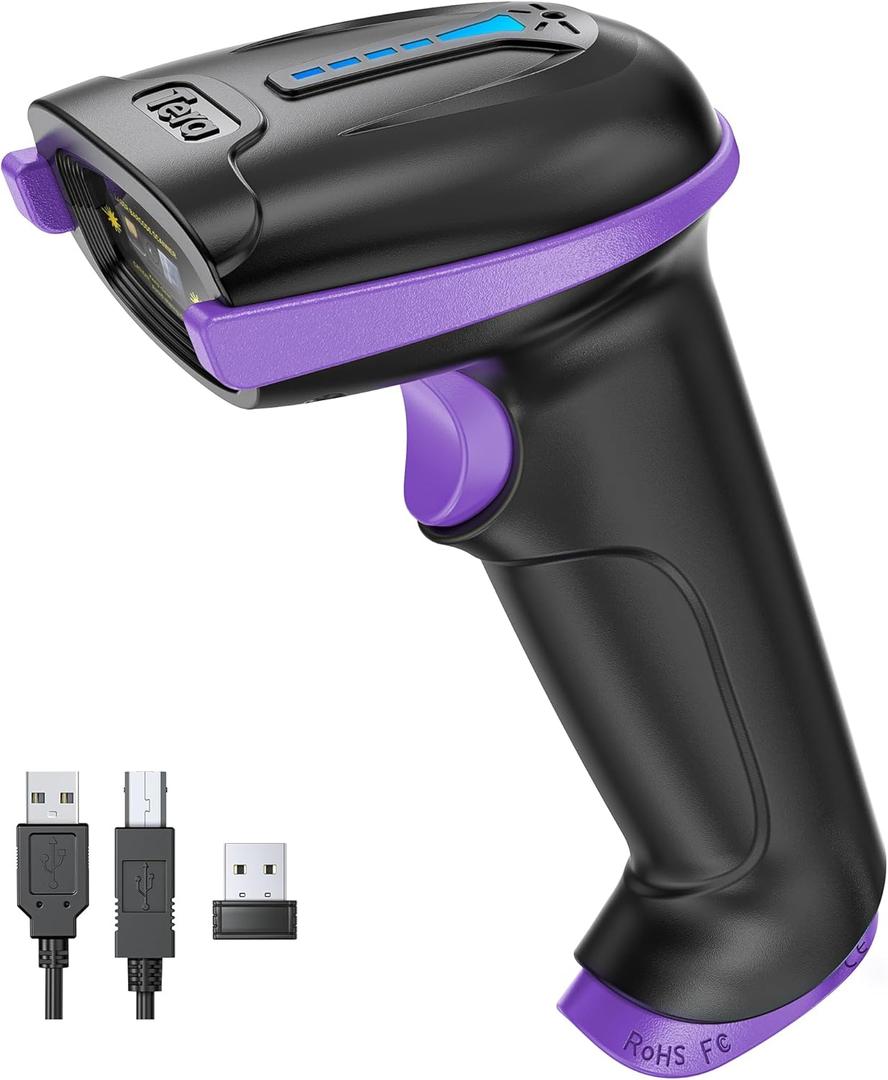 Tera Barcode Scanner Wireless Versatile 2-in-1 (2.4Ghz Wireless + USB 2.0 Wired) with Battery Level Indicator, 328 Feet Transmission Distance Rechargeable 1D Laser Bar Code Reader Handheld 5100 Purple