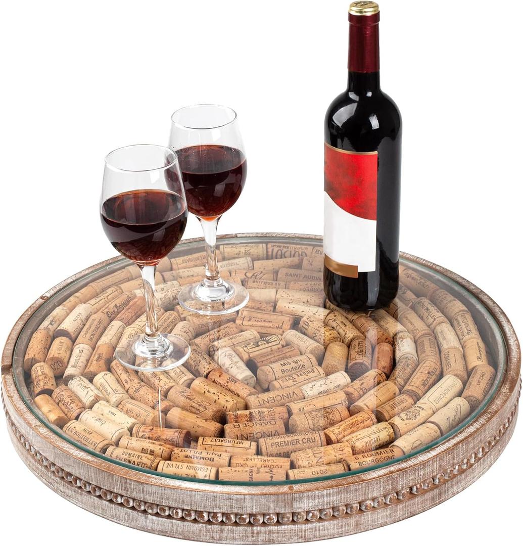 Wooden Wine Cork Holder, Rustic Round Tray for Wine Cork Collector, Wooden and Glass Storage for 250 Corks, Decorative Tray for Kitchen Dining Room Coffee Table and Home Decor