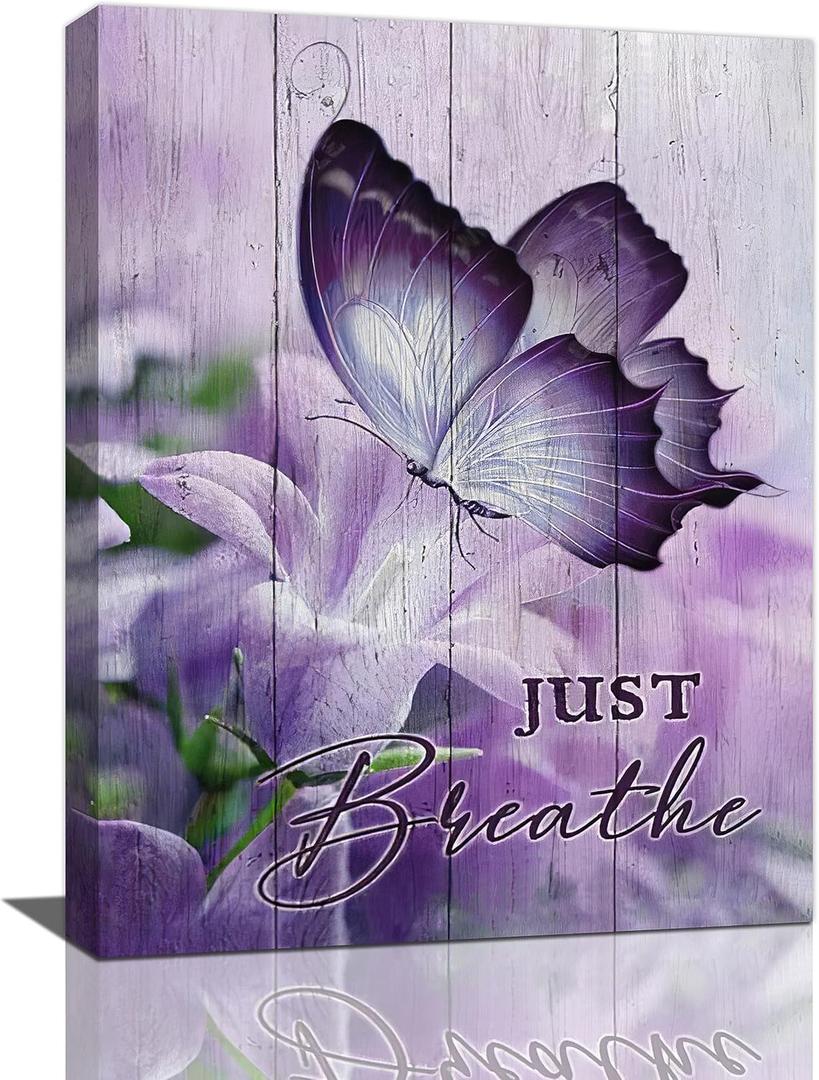 Farmhouse Butterfly Wall Art Purple Bathroom Wall Decor Butterfly Lily Flower Pictures Canvas Prints Framed Modern Just Breathe Painting Artwork for Bedroom Living Room Kitchen Dining room 12"x16"