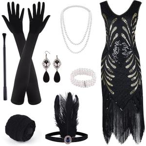 ELECLAND 1920s V Neck Sequin Beaded Fringed Dress with 20s Accessories Set (Large, Black)