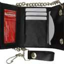 BLACK GENUINE LEATHER Trifold Biker's Wallet ID Card Holder w/Chain Skull