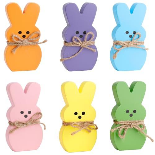 Easter Bunny Table Decorations, 6PCS Colorful Wooden Bunny Decorations for Home, Rabbit Table Centerpieces Spring Signs Tiered Tray Tabletop Decor for Easter Farmhouse Kitchen Room Party Supplies