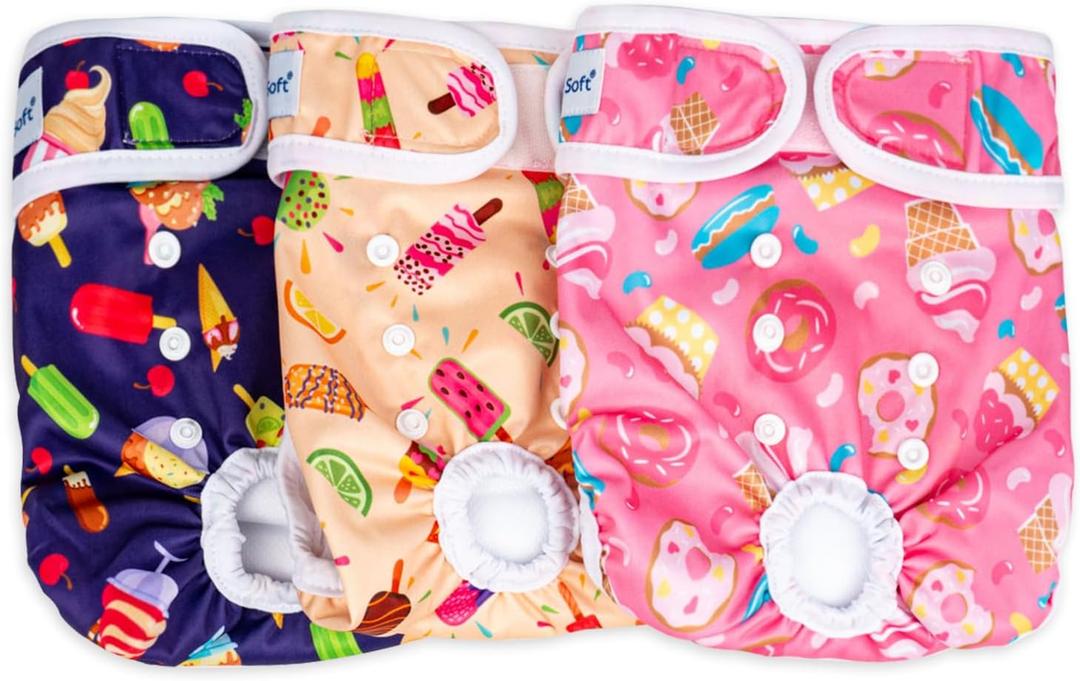 Pet Soft Female Dog Diapers, 3 Pack Washable Dog Diapers Female for Dogs in Heat Reusable Dogs Period Panties, Puppy Diapers (Food, XS)