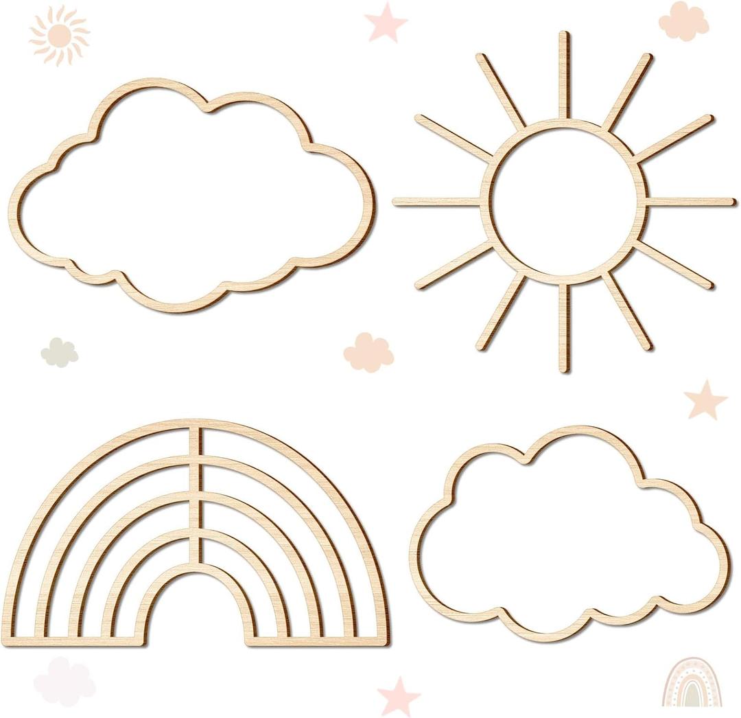 4 Pieces Boho Nursery Cloud Star Wall Decor Wooden Babyroom Moon Rattan Wall Decor Wooden Rainbow for Children Baby Kids Boys Girls Bedroom Nursery Pendant(Cloud Rainbow Sun)