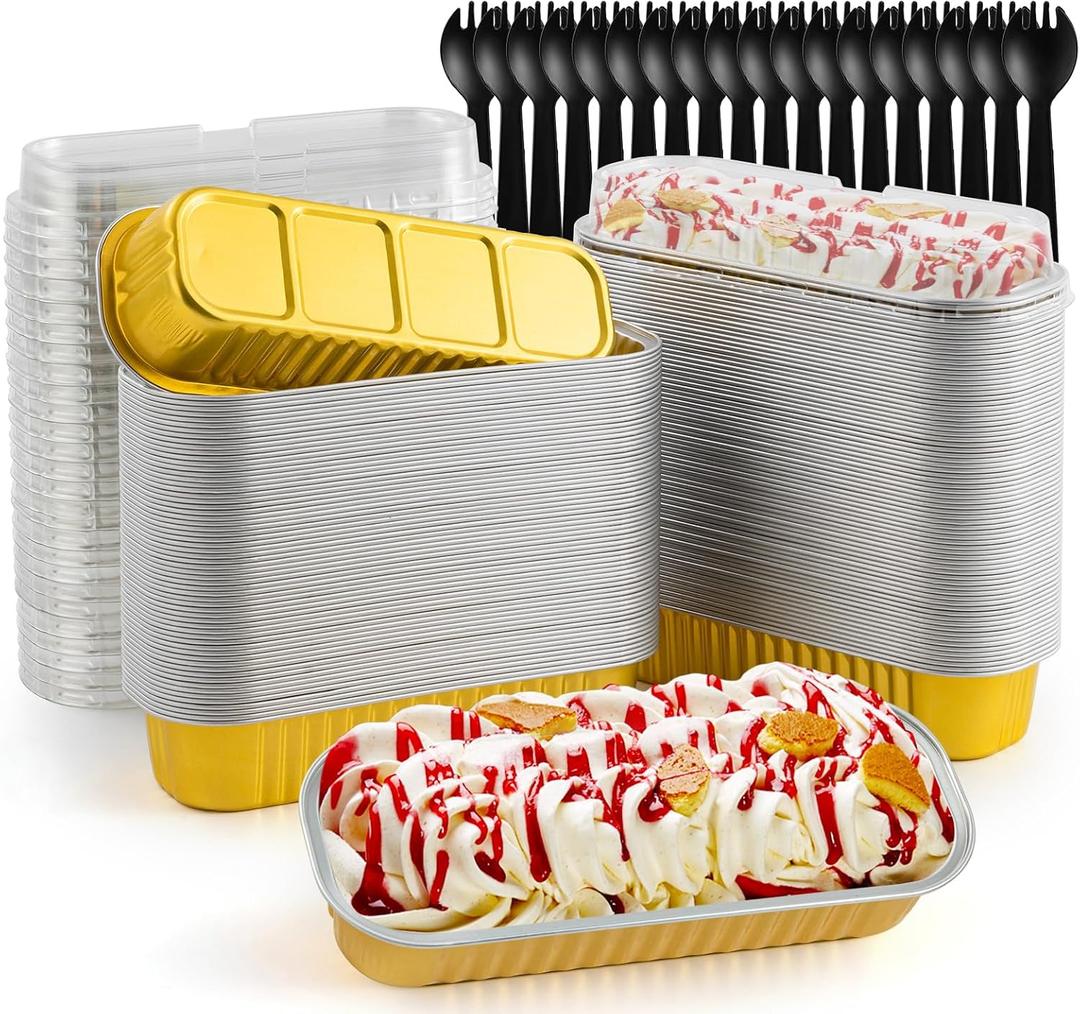 120Pcs Mini Loaf Pans with Lids and Spoons, Aluminum Foil Baking Pans, Rectangle Mini Cake Pan, Brownie Baking Cups for Picnics Party (Gold)