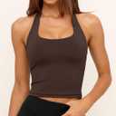 SUUKSESS Women Padded Halter Sports Bra Backless Longline Workout Crop Tank Tops (Brown, L)