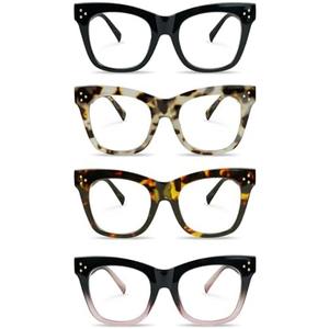 Chiccool Reading Glasses for Women 4 Pack Oprah Stylish Cat Eye Oversize Readers Blue Light Blocking with Spring Hinge