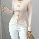 Women's Floral Applique Ribbed Knit T Shirt Long Sleeve Crewneck Slim Fit Lettuce Trim Elegant Top (S)