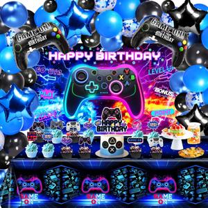 Video Game Birthday Decorations - Game Birthday Party Decorations Includes Backdrop, Foil Balloons, Tablecloth, Cake Toppers, Balloon Arch Kit for Boy Game Birthday Party