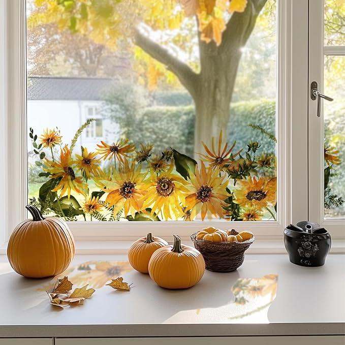 Fall Floral Window Clings Fall Sticker for Glass Window Door Home Office Decor, Autumn Orange Sunflower