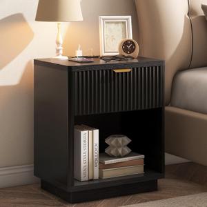 Fluted Nightstand Charging Station,Wood Modern Night Stands Storage Cabinet for Bedroom, Black Bedside Table with Drawers
