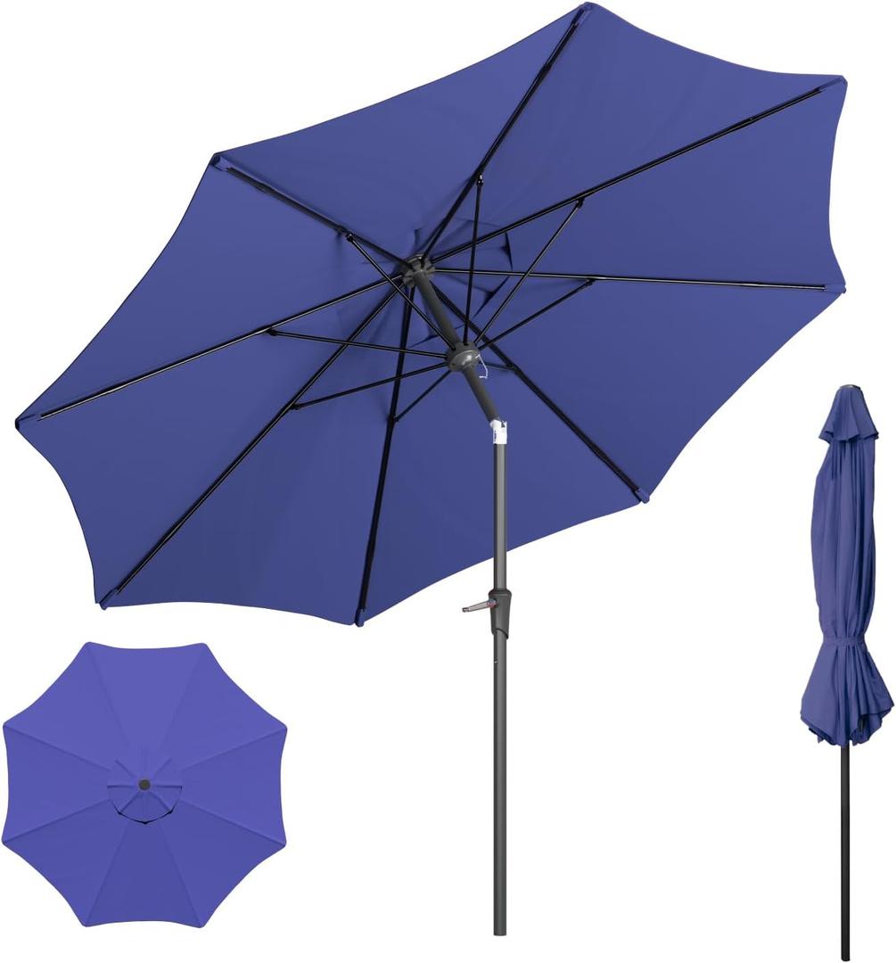 Outdoor Patio Umbrella with One Push Button Tilt and Crank, 8 Sturdy Ribs Market Table Umbrella
