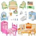 Dollhouse Furniture Set, Complete Room Collection with Kitchen, Dining, Living Room, Bedroom and Bathroom Accessories, Plastic (36-Piece Macaron Colors)