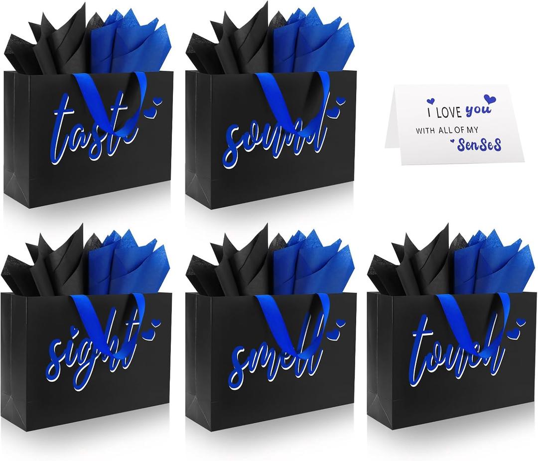 Epoesch 5 Senses Gift Bags for Him With Labels - Includes Tissue Paper & Greeting Card, Unique Birthday, ValentineS Day, Anniversary, Wedding Gifts for Boyfriend, Bf or Husband (Black with blue lettering)