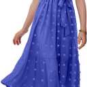 Girls Bohemian Dresses Casual V Neck Ruffle Cap Short Sleeve Swiss Dot A-Line Belt Pleated Hem Maxi Long Sun Flowy Dress (Medium)