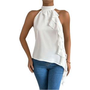 Women's Sleeveless Ruffle Blouses Dressy Casual Sleeveless Asymmetrical Halter Top Elegant Shirts (White, Size S)