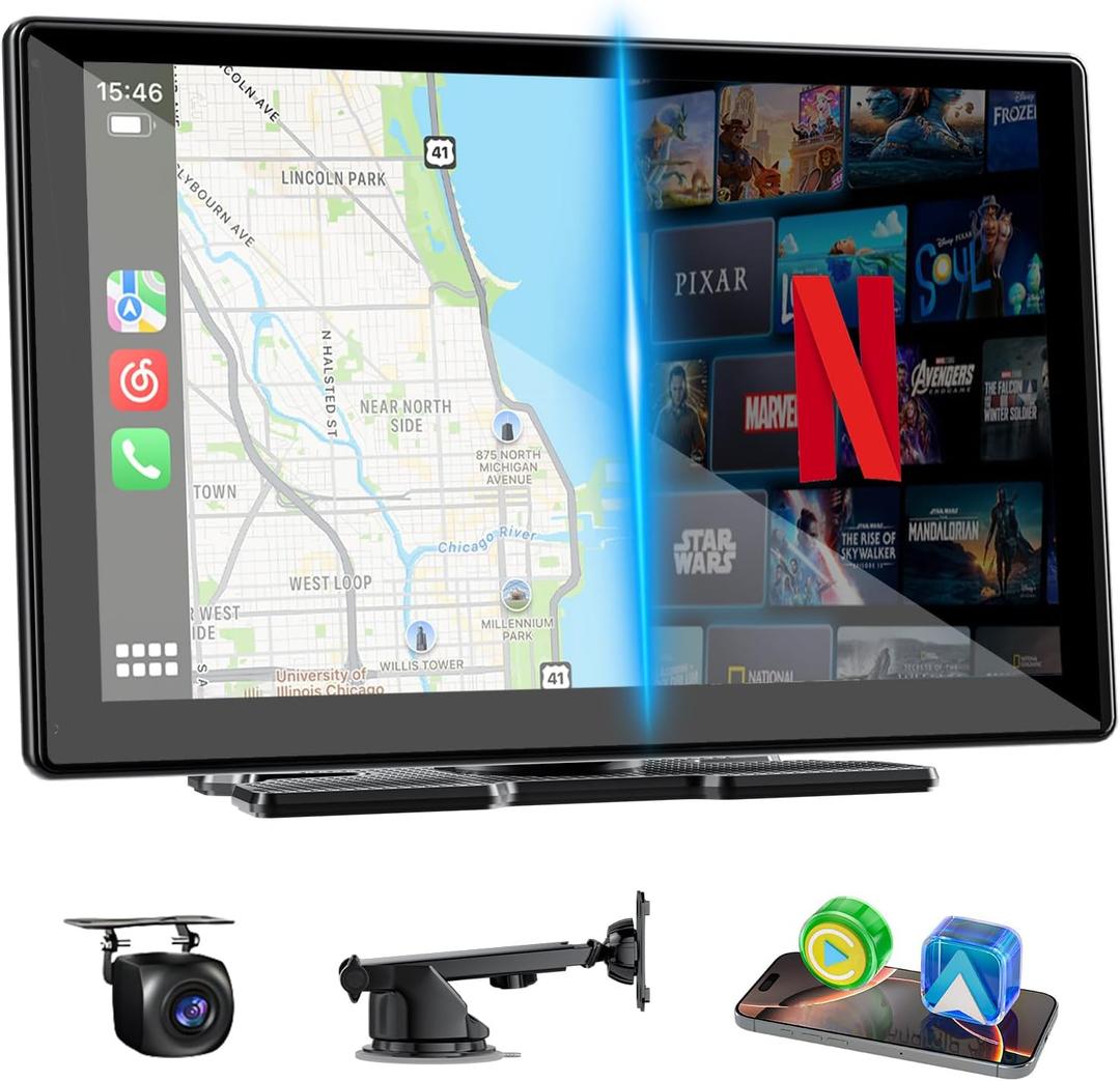 9" Upgraded Wireless Carplay Screen for Car, Built-in Apps Net-Flix YouTube Tiktok, Portable AI Magic Box for Apple Car Play & Android Auto Screen with HD Backup Camera, Voice Assistant, OTA Updates