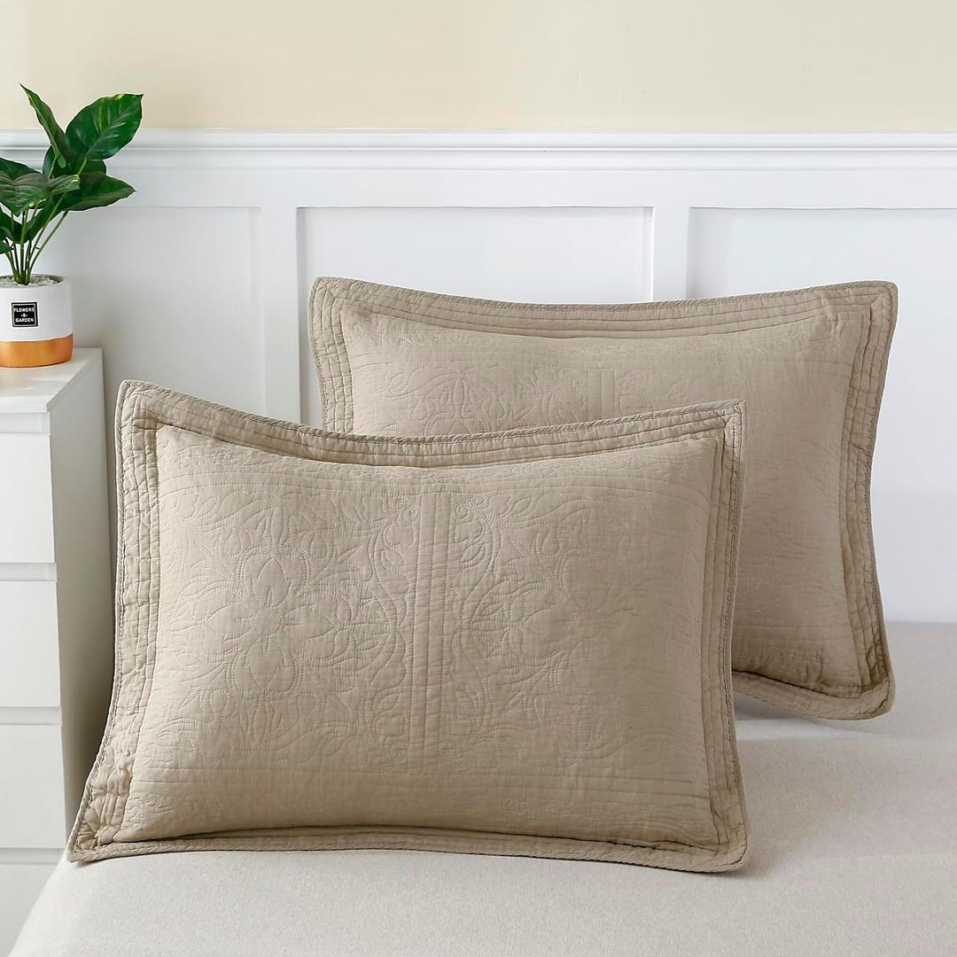 WINLIFE 100% Cotton Quilted Pillow Sham Floral Printed Pillow Cover Khaki/Taupe