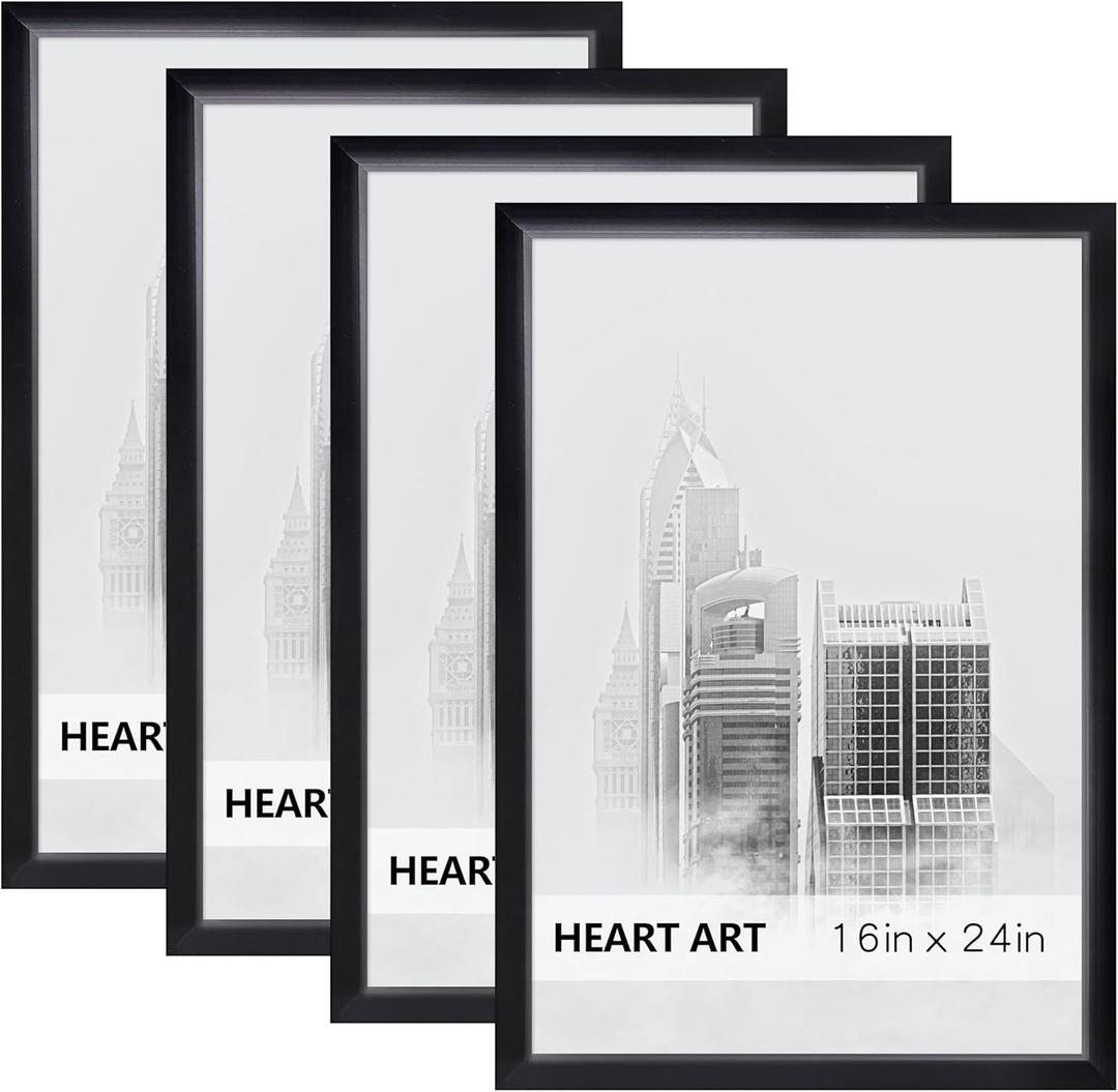 HEART ART 16x24 Frame 4 Pack,16x24 Poster Frame Without Mat,16 x 24 Wall Gallery Photo Frames,Black