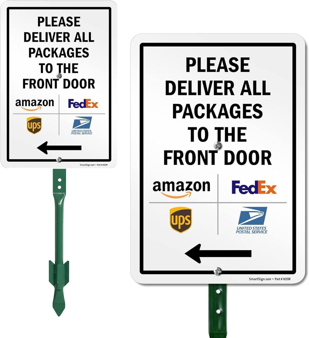 SmartSign 10 x 7 inch Please Deliver All Packages to The Front Door Left Arrow Yard Sign, 40 mil Laminated Rustproof Aluminum, 21.5 inch Tall Sign & Stake Kit, Multicolor, Made in USA