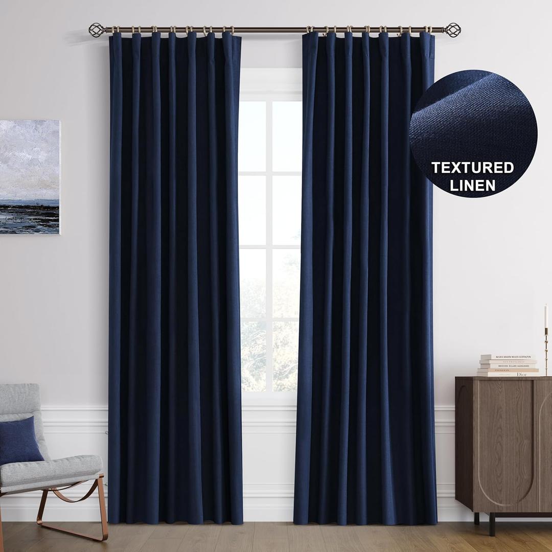 Joywell 100% Blackout Linen Curtains 84 Inches Length Long, Rod Pocket/Back Tab/Hook Belt/Clip Rings, Thermal Insulated Darkening Drapes for Bedroom Living Room Indigo (2 Panels,52 x 84,Navy Blue)