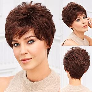 EMMOR Short Wigs for Women Memory Fiber Simulated Human Hair Pixie Curly Wig With Bang,Natural Daily Use Hair(Color 33# Dark Brown)