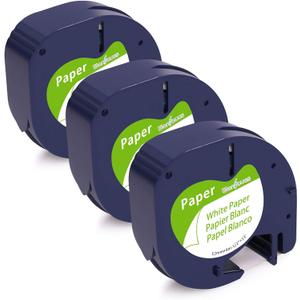 Compatible with Dymo LetraTag Label Maker Refills 12mm x 4m (1/2" x 13') White Paper Tape 91330 for LT-100T LT-100H Plus 200B XR, 3-Pack Replace for Dymo LetraTag Refill Label Tape