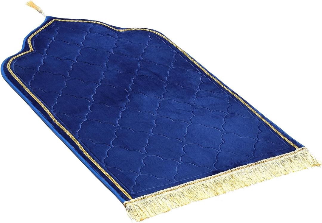 Thick Prayer Rug Muslim Mat Islamic Rug with Golden Edge Sajadah for Men Women, Turkish Sajadah for for Eid Travel Ramadan (Navy Blue)